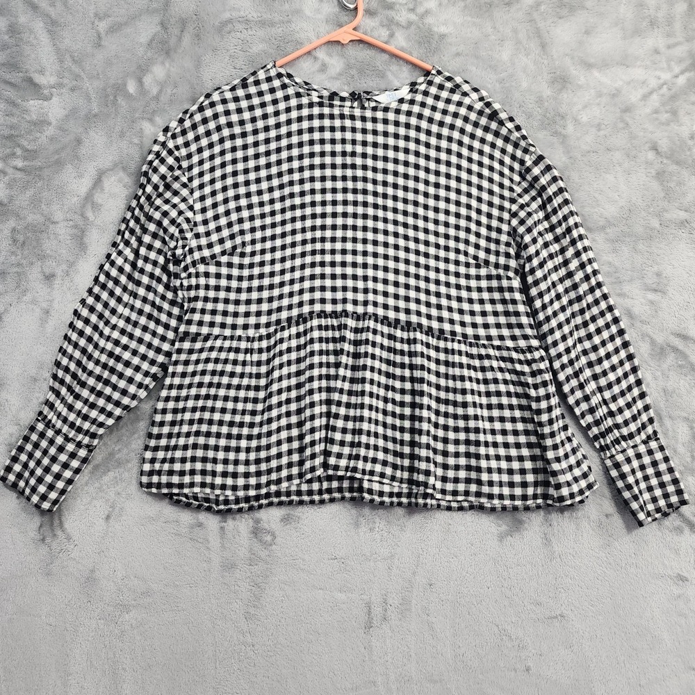 NEW Time And Tru Top Womens S Black White Gingham Check Peplum Long Sleeves